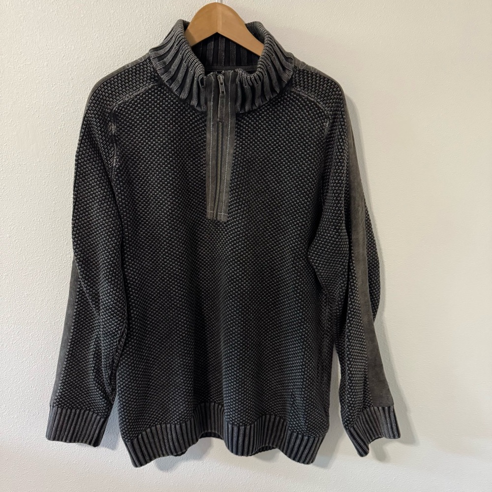 Carbon2Cobalt Mineral Wash Cotton 1/4 Zip Textured Sweater Black Heavyweight-L